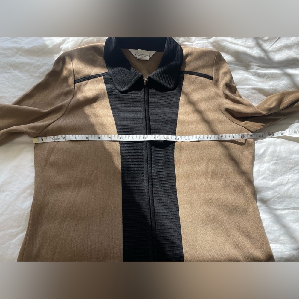 Exclusively Misook Tan & Black Zip Front Knit Jacket | Collared Sweater S - Picture 6 of 8